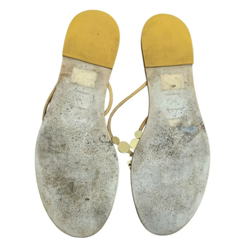 Tory Burch Women Leather Thong Sandals Gold Logo Beads Tan Flat Flip Flop Sze10M